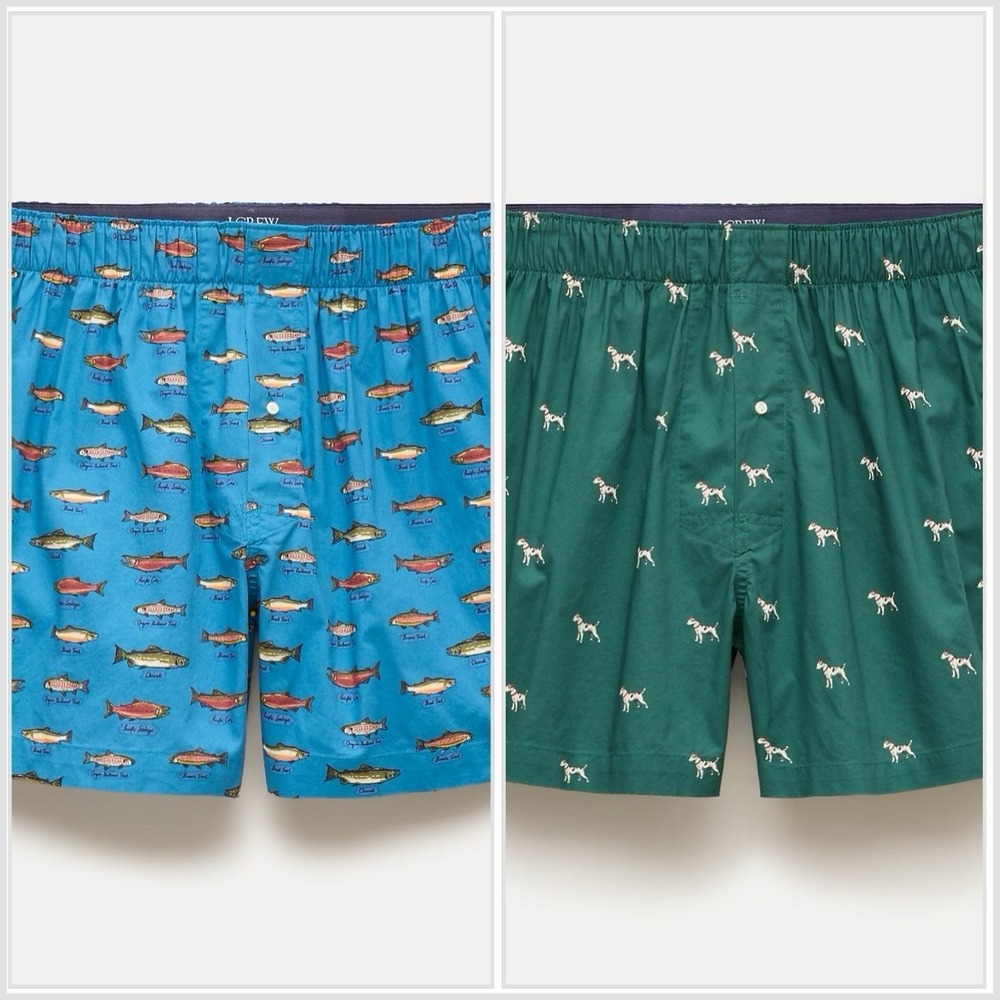 J CREW 2 Cotton Boxer Underwear Men's Medium AOP Dog Green / Fish Blue NWT